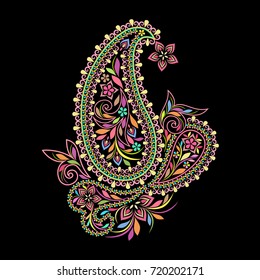 Colorful bohemian pattern with paisley and flowers. Traditional ethnic ornament. Object isolated on black background. Vector print.