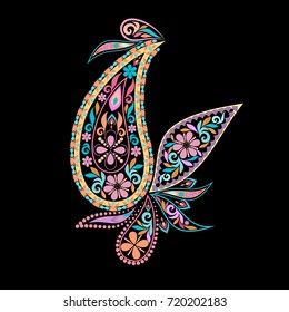 Colorful bohemian pattern with paisley and flowers. Traditional ethnic ornament. Object isolated on black background. Vector print.