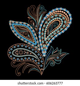 Colorful bohemian pattern with paisley and leaves. Traditional ethnic ornament. Vector print.