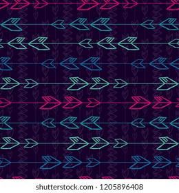Colorful boho aztec seamless pattern. Hand drawn bird feather striped in purple background. Colorful patterns ready for fashion print.