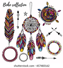 Colorful boho design collection hand drawn elements