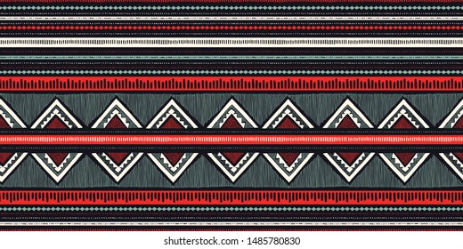 Colorful Boho Hand Drawn Tribal Stripes and Zigzags Vector Seamless Pattern Border. Stylized Dense Ethnic Geo Cloth Textured Background. Graphic Print Perfect for Fashion Home Decor.