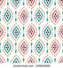Colorful Boho Handdrawn Diamonds Vector Seamless Pattern. Aqua and Pink Elegant Ethnic Traditional Background Perfect for Textile and Stationery