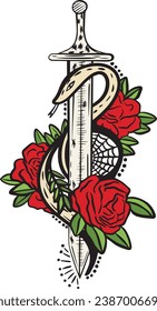 Colorful Boho Illustration Graphic Design with Skull, Roses, Wine,Spider Web and Sword Vector Art for Tattoo or Clothing Apparel including Tshirts and sweatshirts