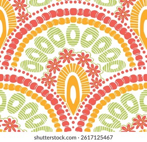 Colorful Boho Mandala-Inspired Seamless Floral Pattern with Tribal Elements