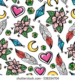 Color boho fondo sin fisuras con flores corazones lunas y diamantes. Ilustración del vector
