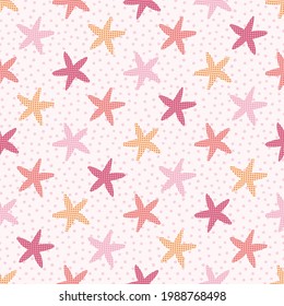 Colorful Boho Starfish on Pink Polka Dot Seamless Pattern Background