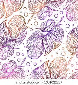 Colorful boho style feathers vector seamless pattern
