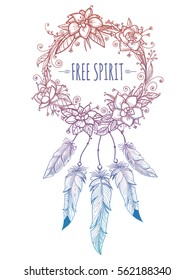 Colorful boho style wreath with feathers. Vector modern dreamcatcher design