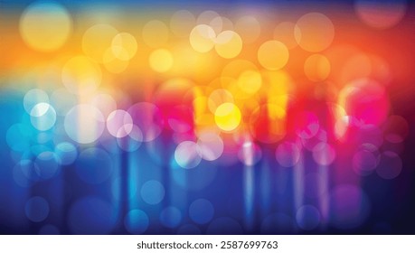 Colorful bokeh. Abstract festive blurred background. Bright defocused glowing lights effect. Graphic template for celebration banners and invitations. Vector illustration.