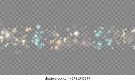 Colorful bokeh circle lights and small particles on black.