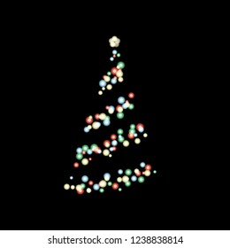 Colorful bokeh light in shape of Christmas tree on black background