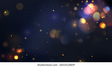 Colorful bokeh lights on dark blue background - gold circles blur softly with sparkles. Festive abstract scene in warm atmosphere for celebration designs, holiday cards or dreamy wallpapers.