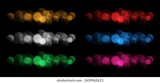 Colorful bokeh set, blurred background with sparkling lights, blurry texture effect isolated on black background.