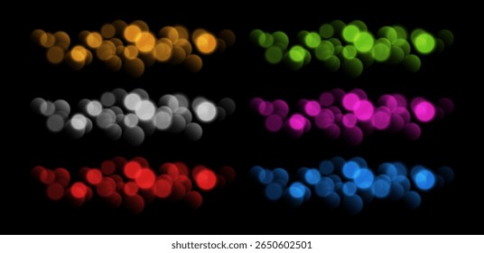 Conjunto bokeh colorido, fundo borrado com luzes cintilantes, efeito de textura borrada isolado no fundo preto.
