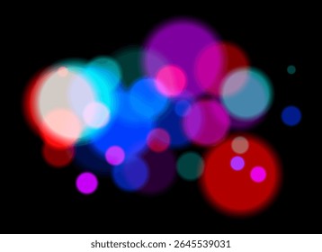 Bokeh colorido. Círculos suaves borrados em tons de rosa, azul, laranja no fundo escuro criam uma atmosfera abstrata de sonho com transparência em camadas e efeito brilhante.