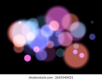 Bokeh colorido. Círculos suaves borrados em tons de rosa, azul, laranja no fundo escuro criam uma atmosfera abstrata de sonho com transparência em camadas e efeito brilhante.