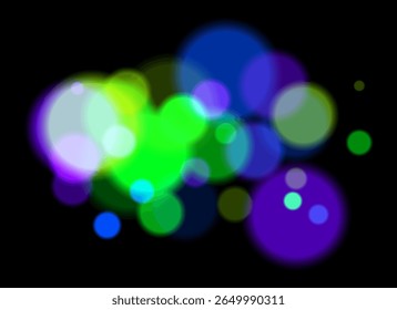 Bokeh colorido. Círculos suaves borrados em tons de rosa, azul, laranja no fundo escuro criam uma atmosfera abstrata de sonho com transparência em camadas e efeito brilhante.