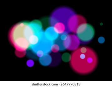 Bokeh colorido. Círculos suaves borrados em tons de rosa, azul, laranja no fundo escuro criam uma atmosfera abstrata de sonho com transparência em camadas e efeito brilhante.