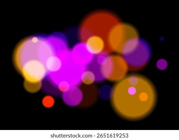 Bokeh colorido. Círculos suaves borrados em tons de rosa, azul, laranja no fundo escuro criam uma atmosfera abstrata de sonho com transparência em camadas e efeito brilhante.
