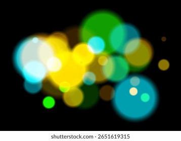 Bokeh colorido. Círculos suaves borrados em tons de rosa, azul, laranja no fundo escuro criam uma atmosfera abstrata de sonho com transparência em camadas e efeito brilhante.