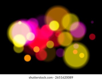 Bokeh colorido. Círculos suaves borrados em tons de rosa, azul, laranja no fundo escuro criam uma atmosfera abstrata de sonho com transparência em camadas e efeito brilhante.