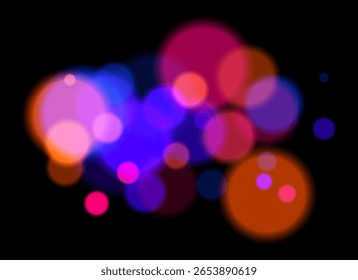 Colorful bokeh. Soft blurred circles in pink, blue, orange tones on dark background create dreamy abstract atmosphere with layered transparency and glowing effect.