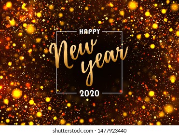 Colorful bokeh sparkle Christmas 2020 background with golden lights. Festive concept with realistic effects. Magic holiday poster, banner. Night bright gold sparkles background Glitter Dust Vector 
