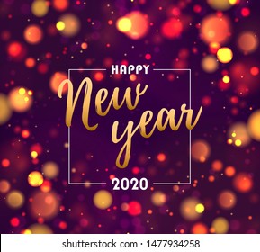 Colorful bokeh sparkle Christmas 2020 background with golden lights. Festive concept with realistic effects. Magic purple holiday poster, banner. Night bright gold  background Glitter Dust Vector 