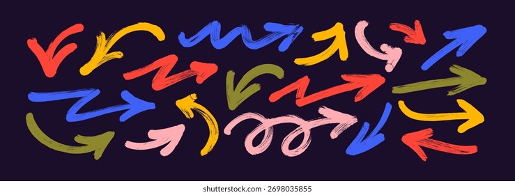Colorido conjunto de flecha dibujada por pincel. Punteros de dirección de garabatos ásperos de Grunge. Colección de iconos en forma de flecha con varias direcciones. Doodle grunge Elementos de trazo de pincel para notas dibujadas a mano, diagramas.