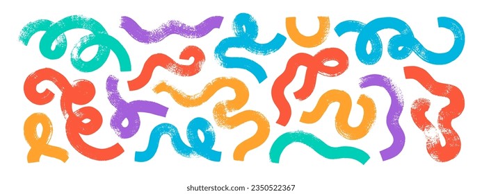 Colorful bold curved lines and doodle smears collection. Hand drawn vector curly thick brush strokes with loops, spirals and swirls. Organic curly lines elements isolated on white. Colorful squiggles.