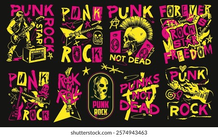 Colorful and bold punk rock graphics feature various designs emphasizing themes of freedom rebellion and the punk spirit. The artwork highlights the attitude and culture of punk music.