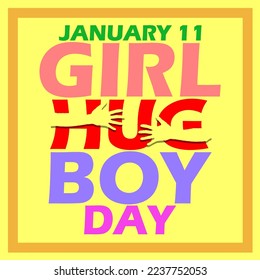 Colorful Bold text with the word "HUG" hugged in a frame on a yellow background to celebrate Girl Hug Boy Day on January 11