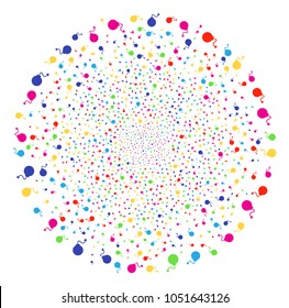 Colorful Bomb explosion globula. Vector sphere burst done with scattered bomb symbols. Psychedelic Vector abstraction.