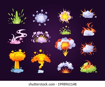 Colorful bomb explosion. Set of blast atom explosive effect. Burn abstract exploded hydrogen with dust, energy or fire. Atomic destruction danger catastrophe. Fire smoke, burning with elements flame
