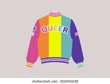 A colorful bomber with a Queer sign on the back, a rainbow pride outfit