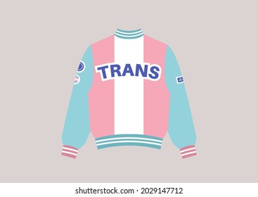 A colorful bomber with a Trans sign on the back, a transgender pride outfit