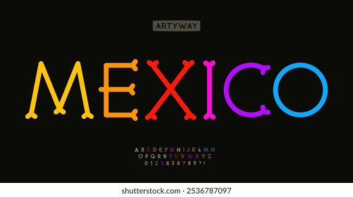 Colorful bone alphabet, playful Mexican style letters, festive font for joyful holiday healine, vibrant cultural lettering, lively heritage logo. Dia de los Muertos typography. Vector typeset.