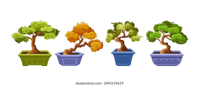 Colorful Bonsai Trees In Decorative Pots, Each With Unique Shapes And Colors. Cartoon Vector Vibrant Bonsai Trees