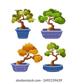 Colorful Bonsai Trees In Decorative Pots, Showcasing Various Designs And Styles Isolated On White Background