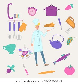 Colorful book alphabet. Book of professions. Profession Cook. Letter C