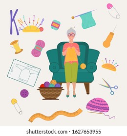 Colorful book alphabet. Book of professions. Profession Knitter. Letter K