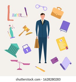 Colorful book alphabet.  Book of professions. Profession Lawyer. Letter L