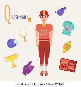 Colorful Book Alphabet. Book Of Professions. Profession Quarterback. Letter Q