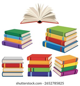 Colorful book arrangement with open book and vibrant stacks