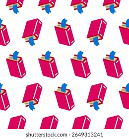 Colorful Book and Bookmark Pattern. Seamless pattern with red books and blue bookmarks on white background. Flat cartoon educational style.