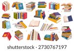 Colorful book collection set with multiple stacks and piles of books, open and closed. Education and learning theme, scientific or fiction literature. Vector illustration isolated on white background.