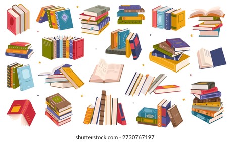 Colorido juego de colección de libros con múltiples pilas y pilas de libros, abiertos y cerrados. Educación y aprendizaje temático, científico o literario de ficción. Ilustración vectorial aislada sobre fondo blanco.