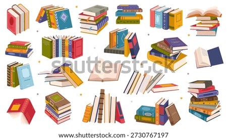 Colorful book collection set with multiple stacks and piles of books, open and closed. Education and learning theme, scientific or fiction literature. Vector illustration isolated on white background.