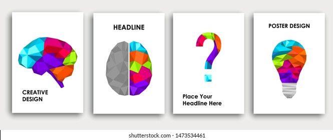 Colorful book cover design. Brain left and right side creative concept. Abstract science background. Low polygon light bulb concept of idea. Polygonal vector.